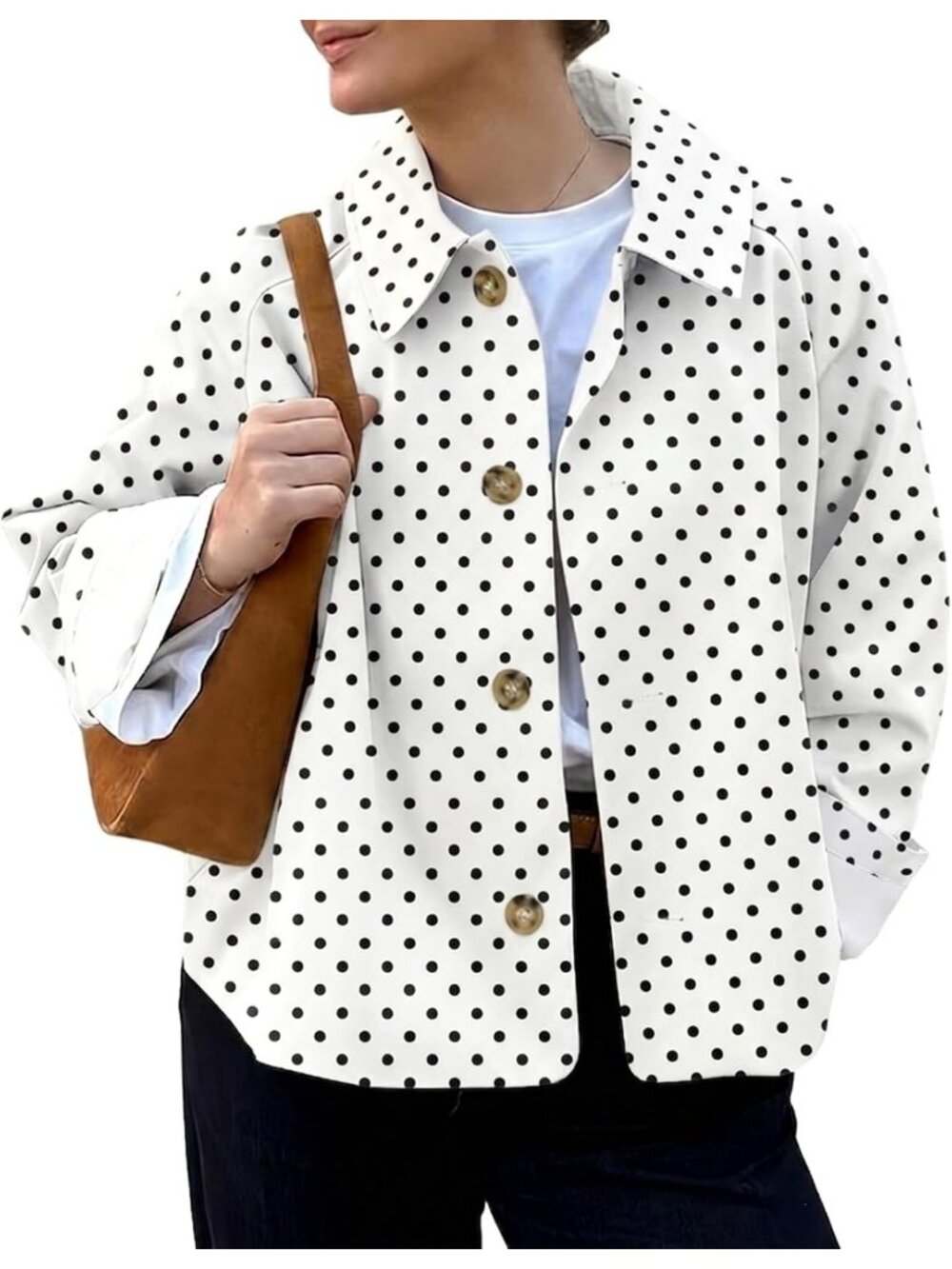 Women's White Polka Dots Cropped Single Breasted Button Front Fall Trench Coat